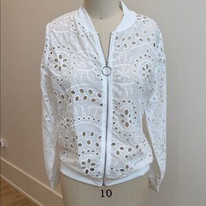 Elegant White Eyelet Bomber Jacket
